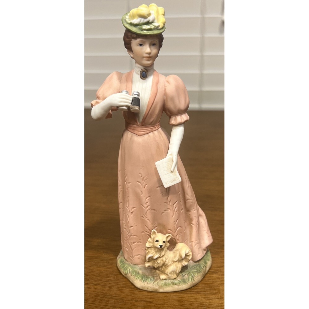 Homco Home Interiors Victorian Lady with Binoculars and Dog #1403 Vintage 8.5 in